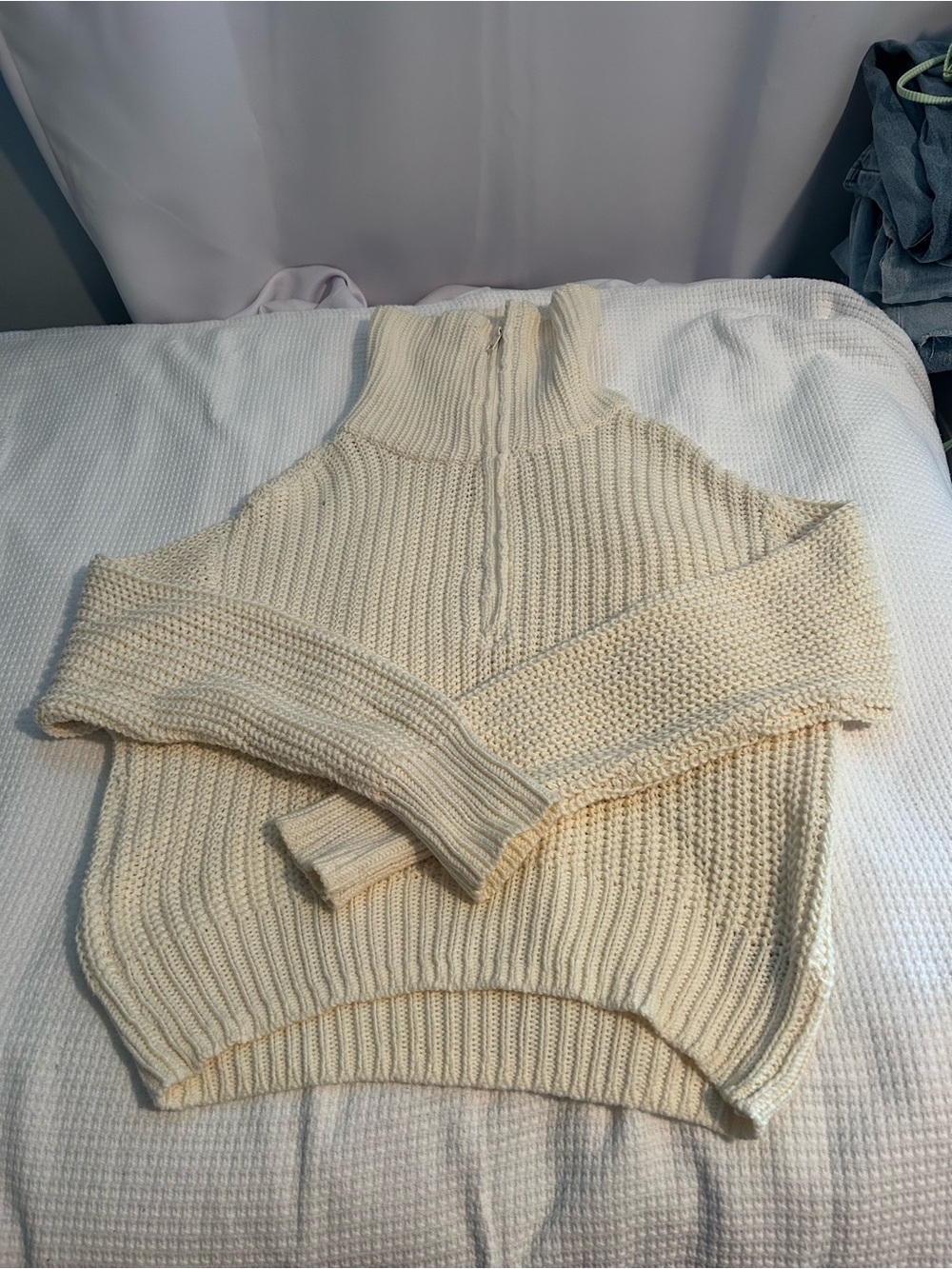 American Eagle Outfitters Cream Zip-Neck Chunky Knit Sweater